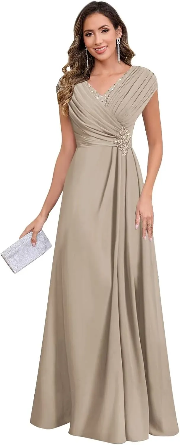 Women's V Neck Mother of The Bride Dresses Long Cap Sleeve Chiffon Pleated Formal Evening Gown