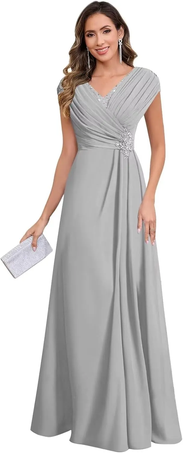 Women's V Neck Mother of The Bride Dresses Long Cap Sleeve Chiffon Pleated Formal Evening Gown