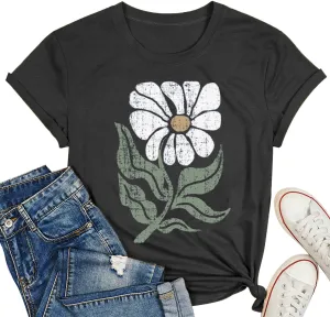 Women's Vintage Flowers Shirt Casual Boho Floral Printed Shirts Sunflower Wildflowers Graphic Tee Tops 