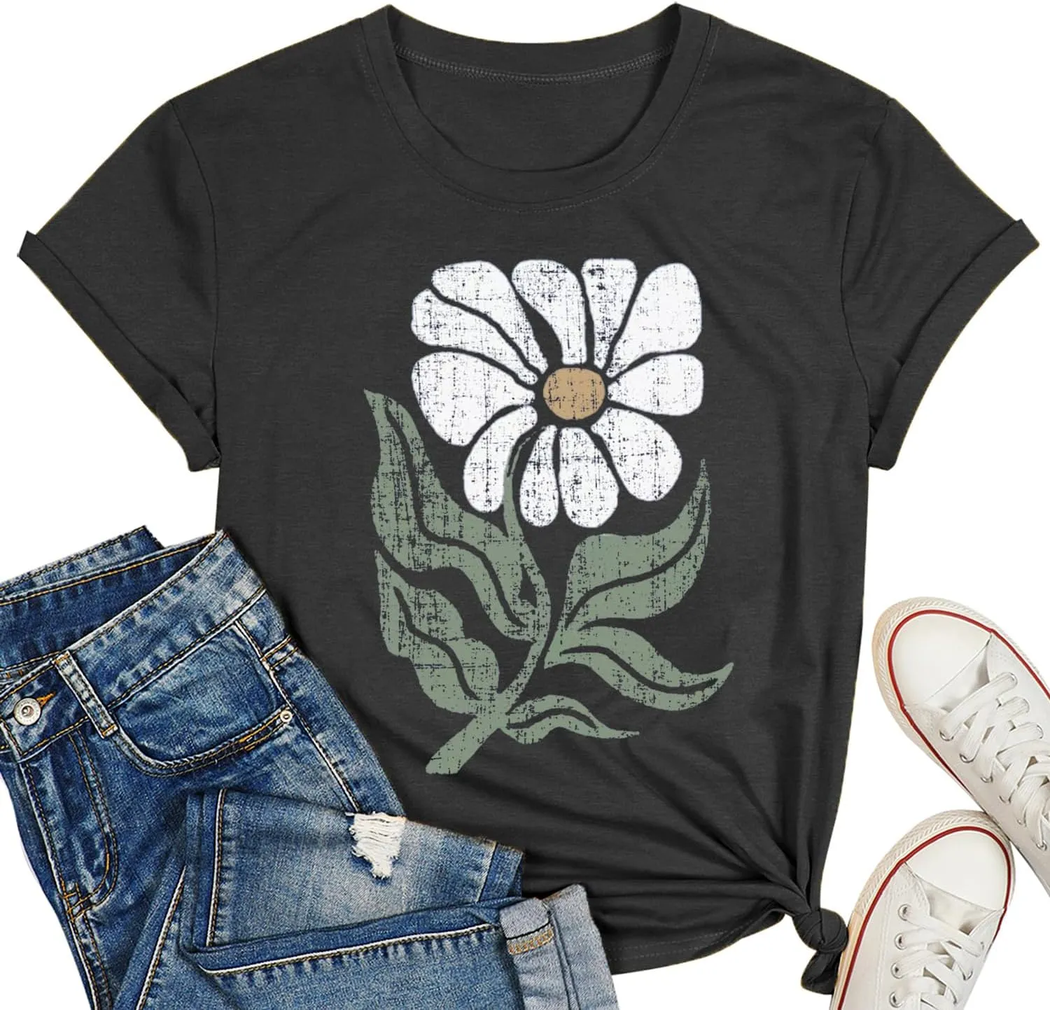 Women's Vintage Flowers Shirt Casual Boho Floral Printed Shirts Sunflower Wildflowers Graphic Tee Tops 