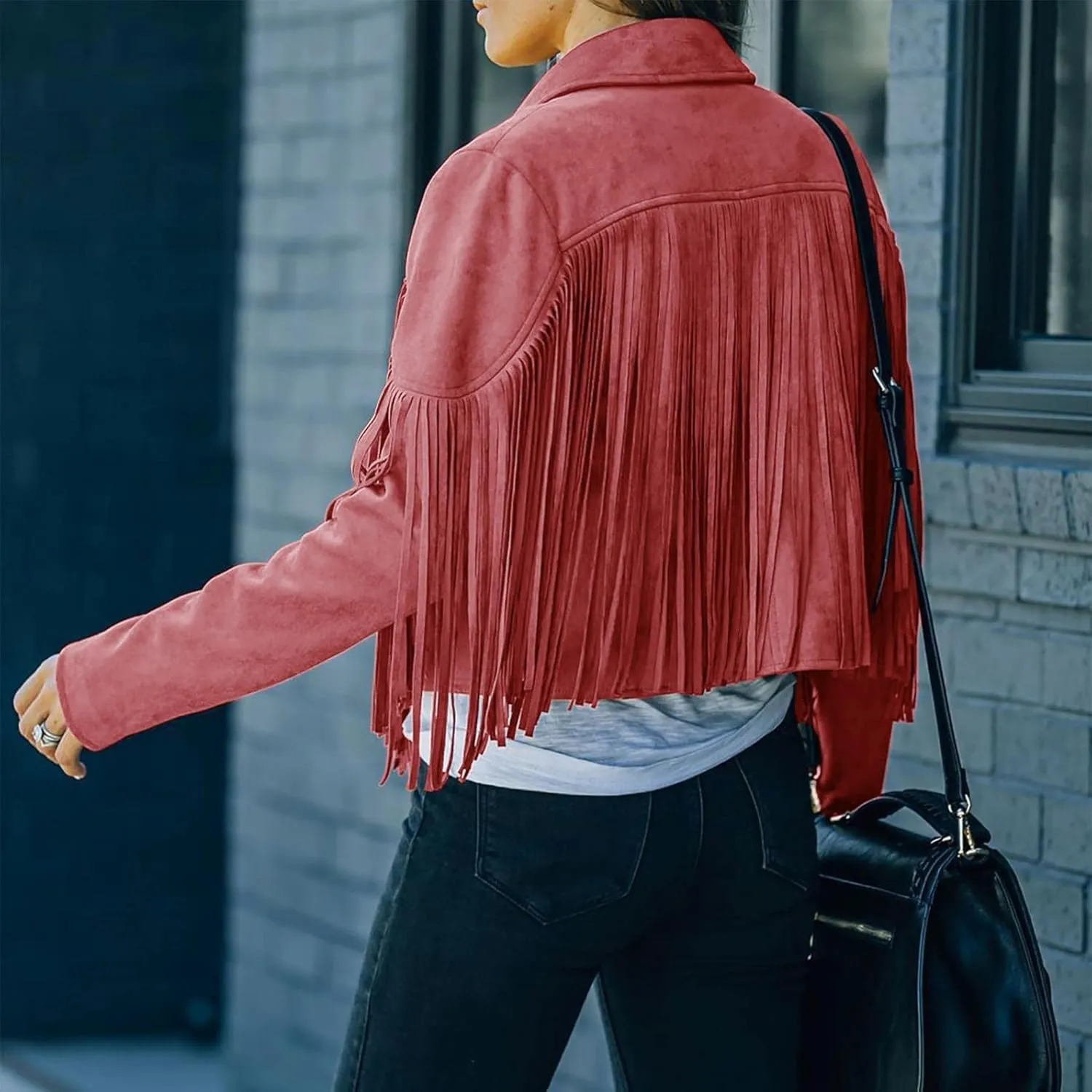 Womens Vintage Tassel Cropped Motor Biker Faux Suede Jackets Long Sleeve Hippie Boho Western Cowgirl Fringe Coat Outwear