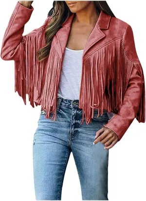 Womens Vintage Tassel Cropped Motor Biker Faux Suede Jackets Long Sleeve Hippie Boho Western Cowgirl Fringe Coat Outwear
