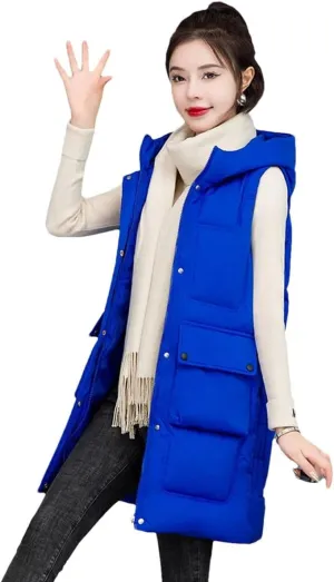 Womens Winter Down Cotton Waistcoat Casual Hooded Cotton-Padded Vest Coat Sleeveless Jacket Long Warm Parkas
