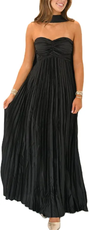 Womens Y2k Tube Strapless Pleated Maxi Dress with Scarf Maternity Silk Satin Formal Cocktail Ruffle Flowy Dresses