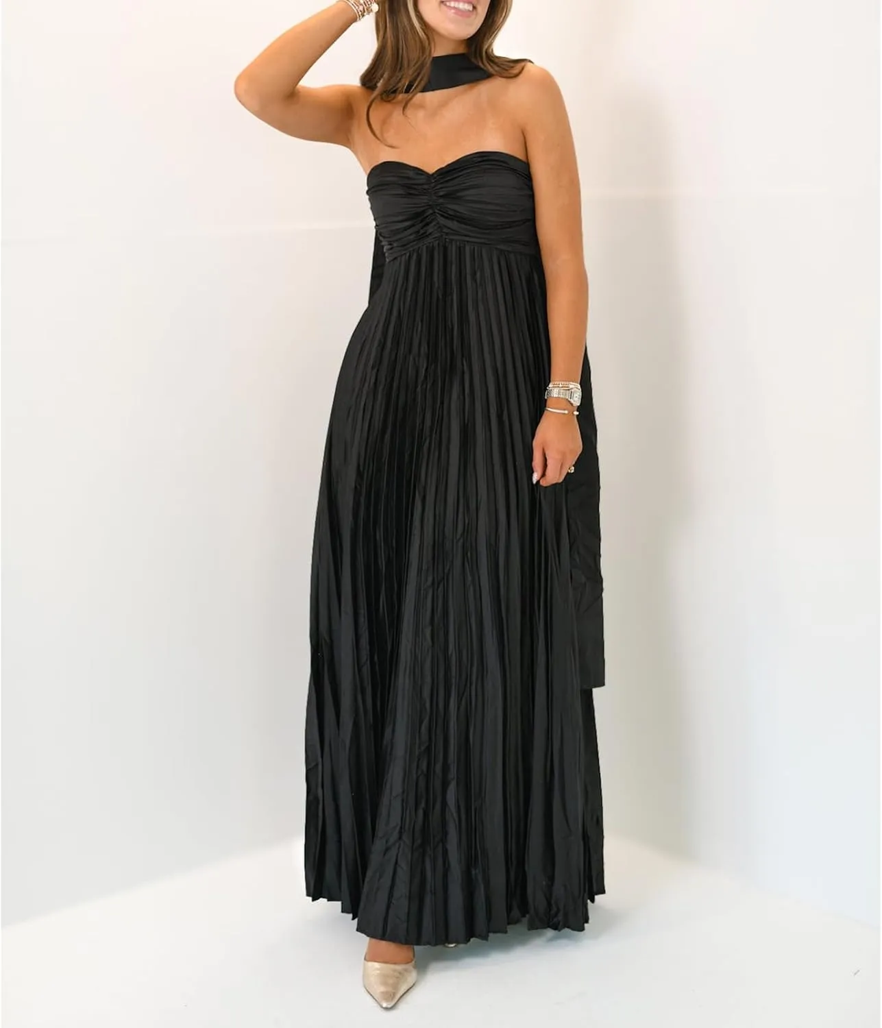 Womens Y2k Tube Strapless Pleated Maxi Dress with Scarf Maternity Silk Satin Formal Cocktail Ruffle Flowy Dresses