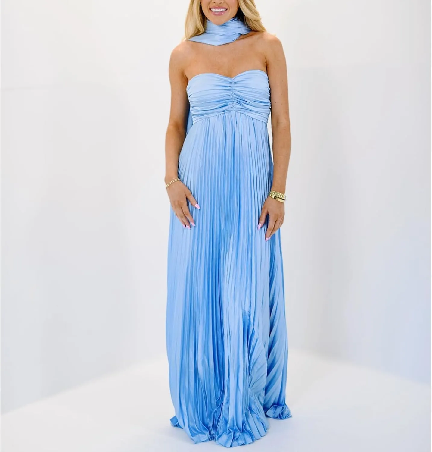 Womens Y2k Tube Strapless Pleated Maxi Dress with Scarf Maternity Silk Satin Formal Cocktail Ruffle Flowy Dresses
