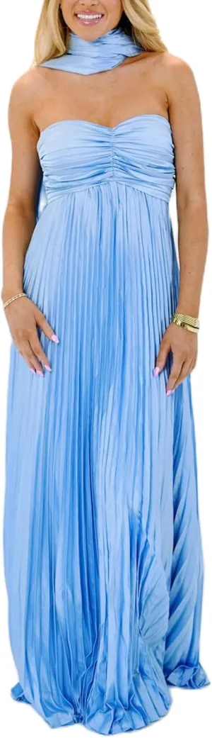 Womens Y2k Tube Strapless Pleated Maxi Dress with Scarf Maternity Silk Satin Formal Cocktail Ruffle Flowy Dresses