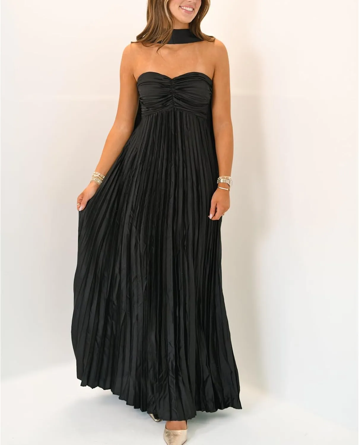 Womens Y2k Tube Strapless Pleated Maxi Dress with Scarf Maternity Silk Satin Formal Cocktail Ruffle Flowy Dresses