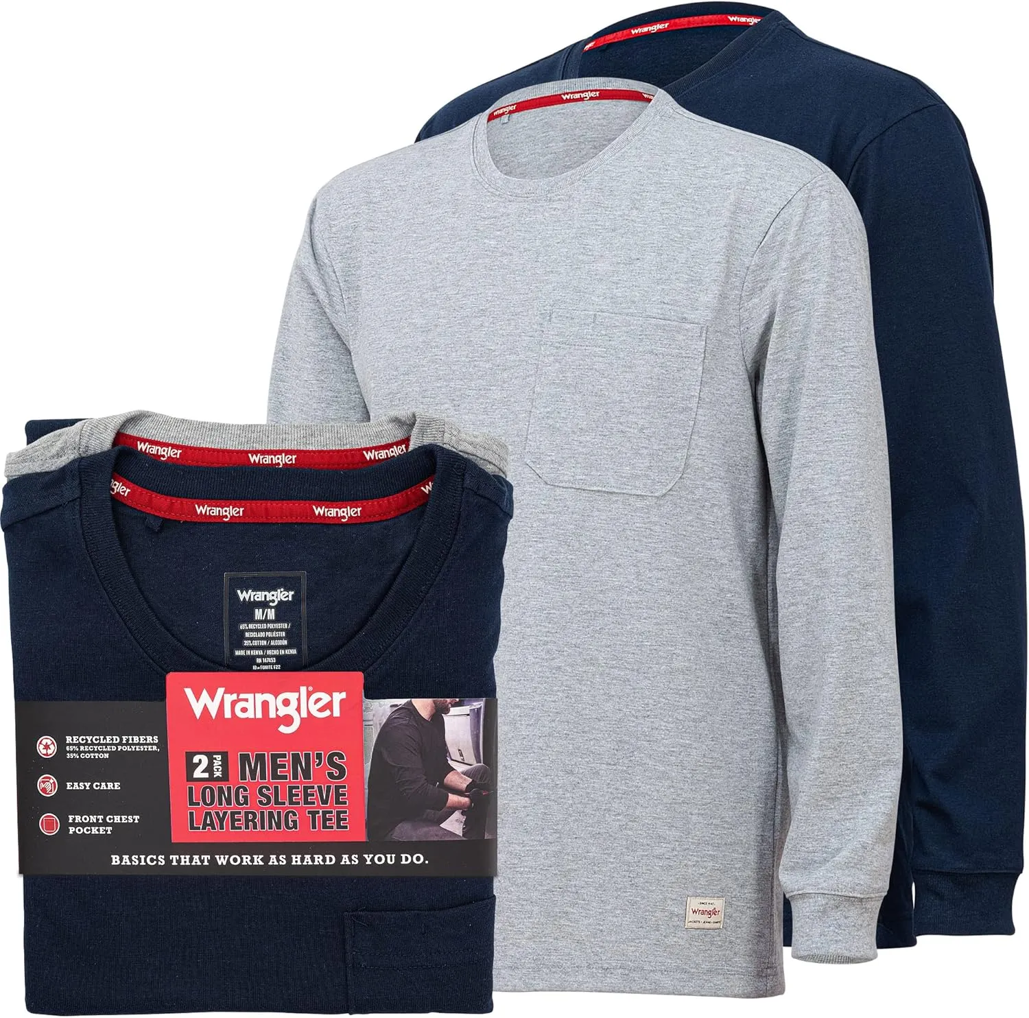 Wrangler Long Sleeve Layering Tee Shirts for Men, Core Mens Layering T-Shirt