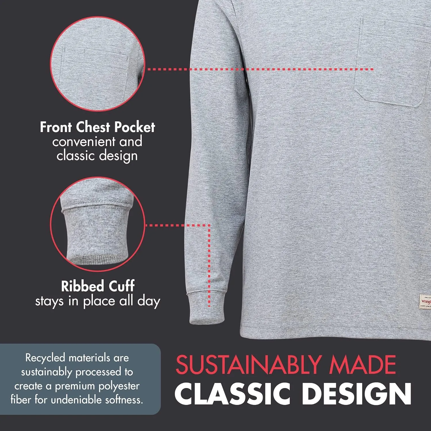 Wrangler Long Sleeve Layering Tee Shirts for Men, Core Mens Layering T-Shirt
