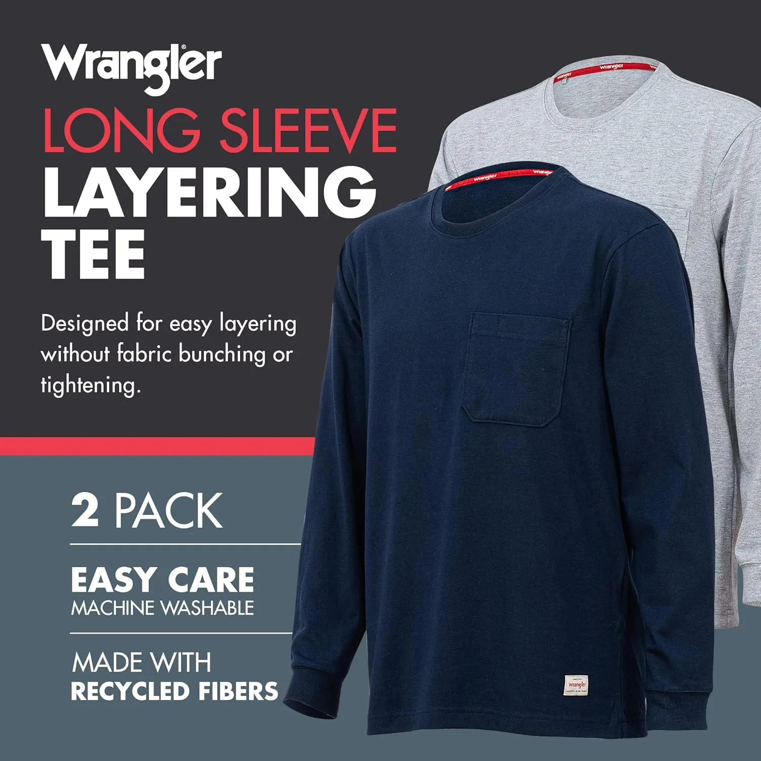 Wrangler Long Sleeve Layering Tee Shirts for Men, Core Mens Layering T-Shirt