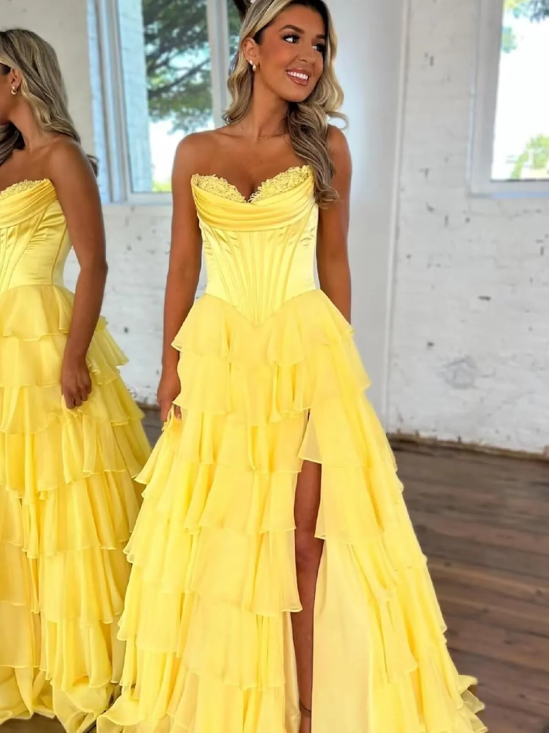 Xijun Women's Strapless Tiered Prom Dresses 2025 Long Ruffles Chiffon Bodycon Formal Evening Party Gown with Slit