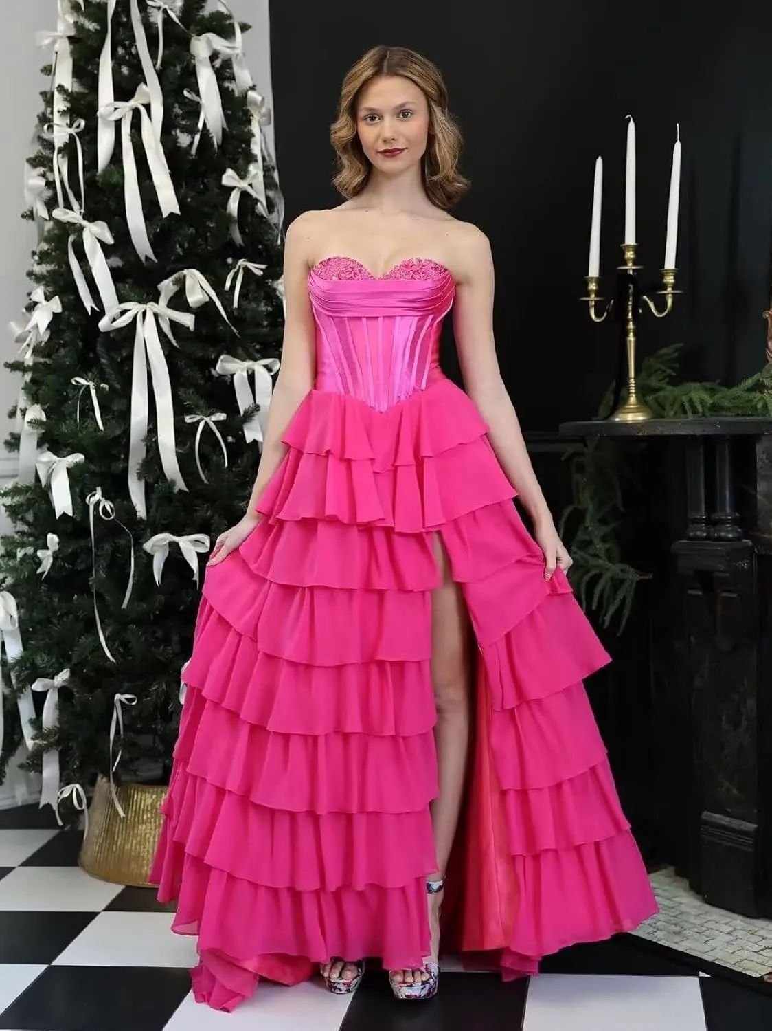 Xijun Women's Strapless Tiered Prom Dresses 2025 Long Ruffles Chiffon Bodycon Formal Evening Party Gown with Slit