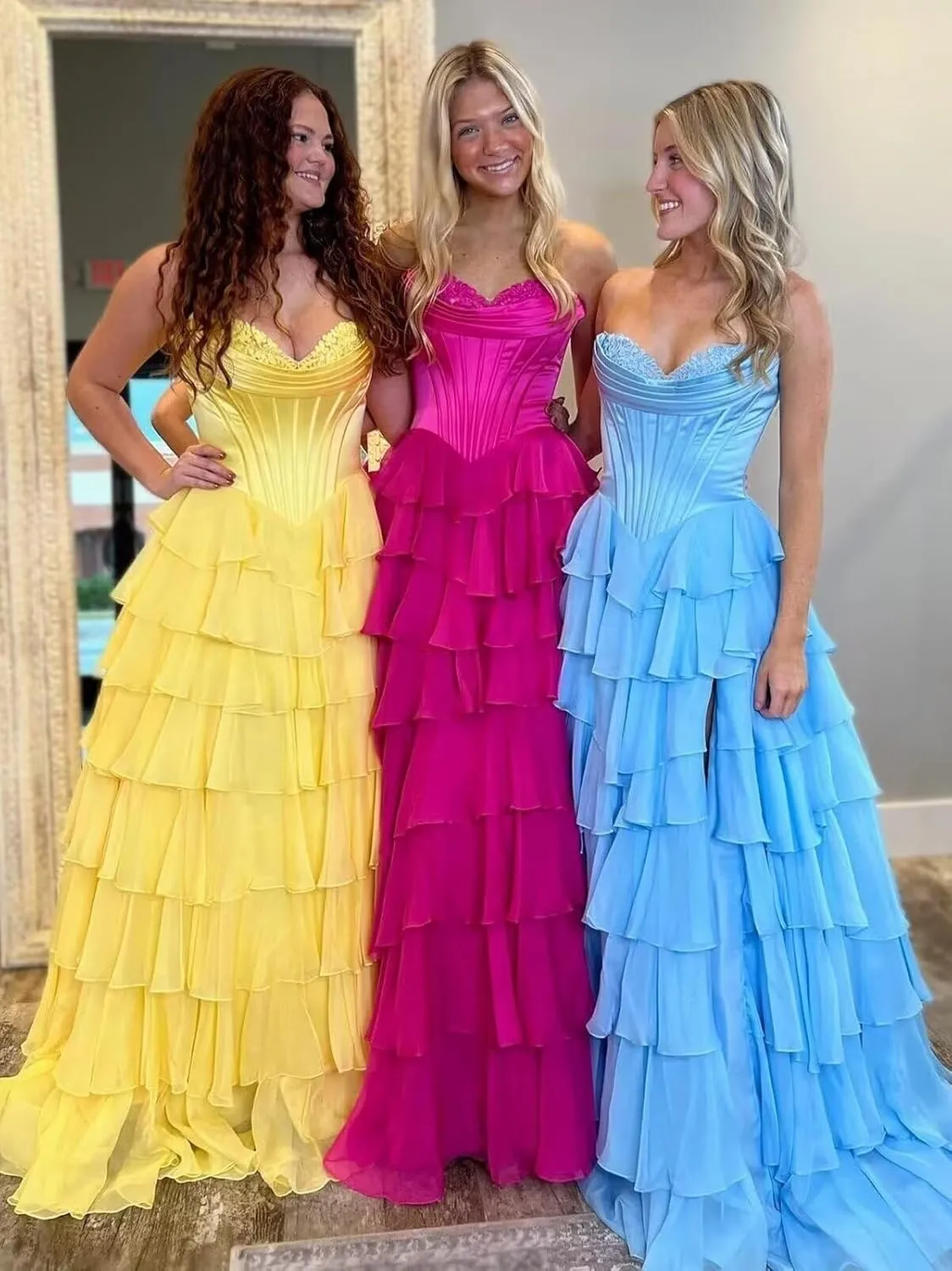 Xijun Women's Strapless Tiered Prom Dresses 2025 Long Ruffles Chiffon Bodycon Formal Evening Party Gown with Slit
