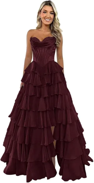 Xijun Women's Strapless Tiered Prom Dresses 2025 Long Ruffles Chiffon Bodycon Formal Evening Party Gown with Slit