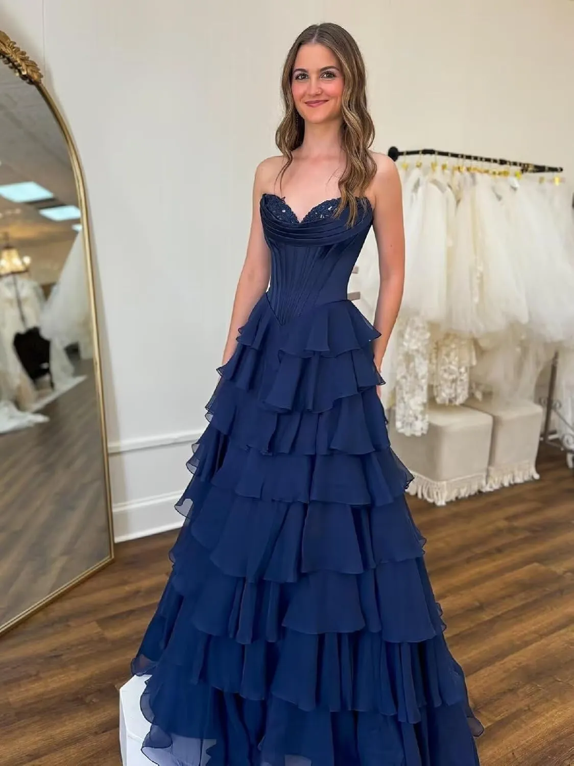 Xijun Women's Strapless Tiered Prom Dresses 2025 Long Ruffles Chiffon Bodycon Formal Evening Party Gown with Slit