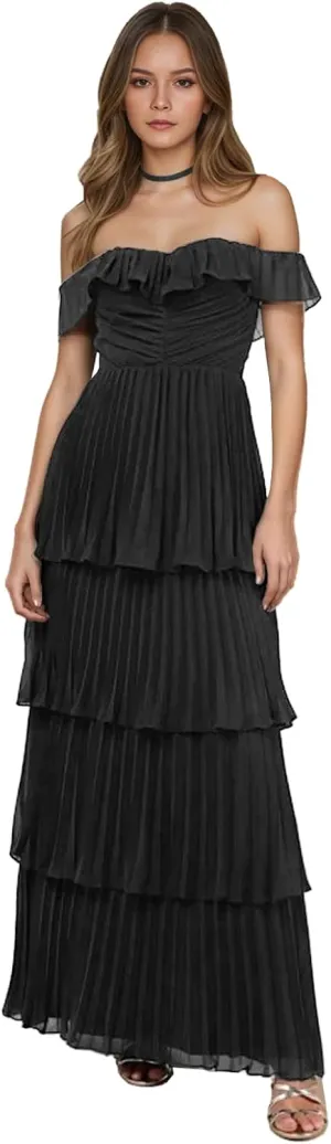 Xyiveaf Tiered Ruffle Prom Dress for Women Backless Chiffon Evening Dresses Off The Shoulder Formal Evening Gowns