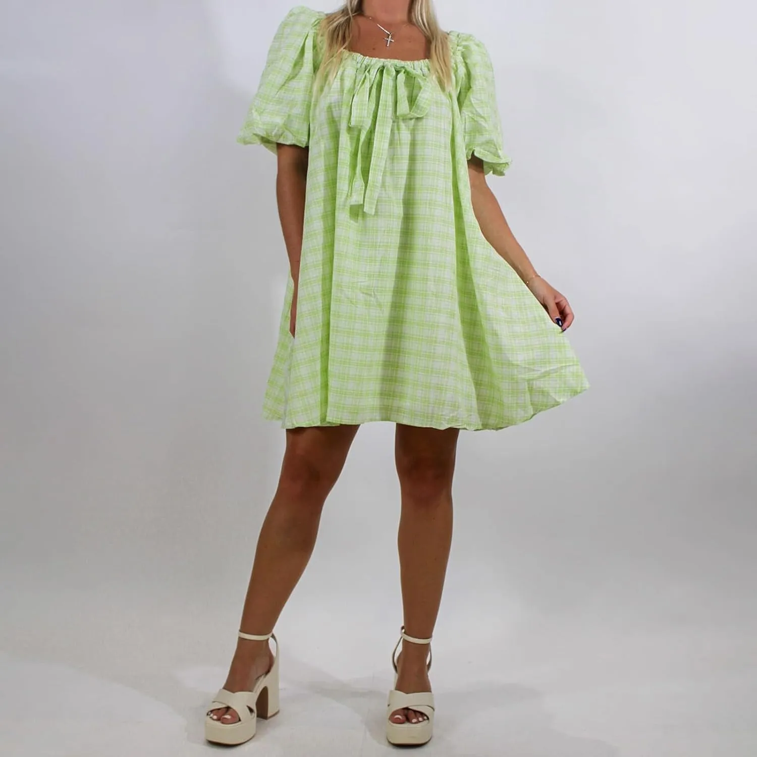 Y2k Women Gingham Puff Short Sleeve Mini Dress Ruffle Square Neck A Line Flowy Babydoll Short Dresses Summer