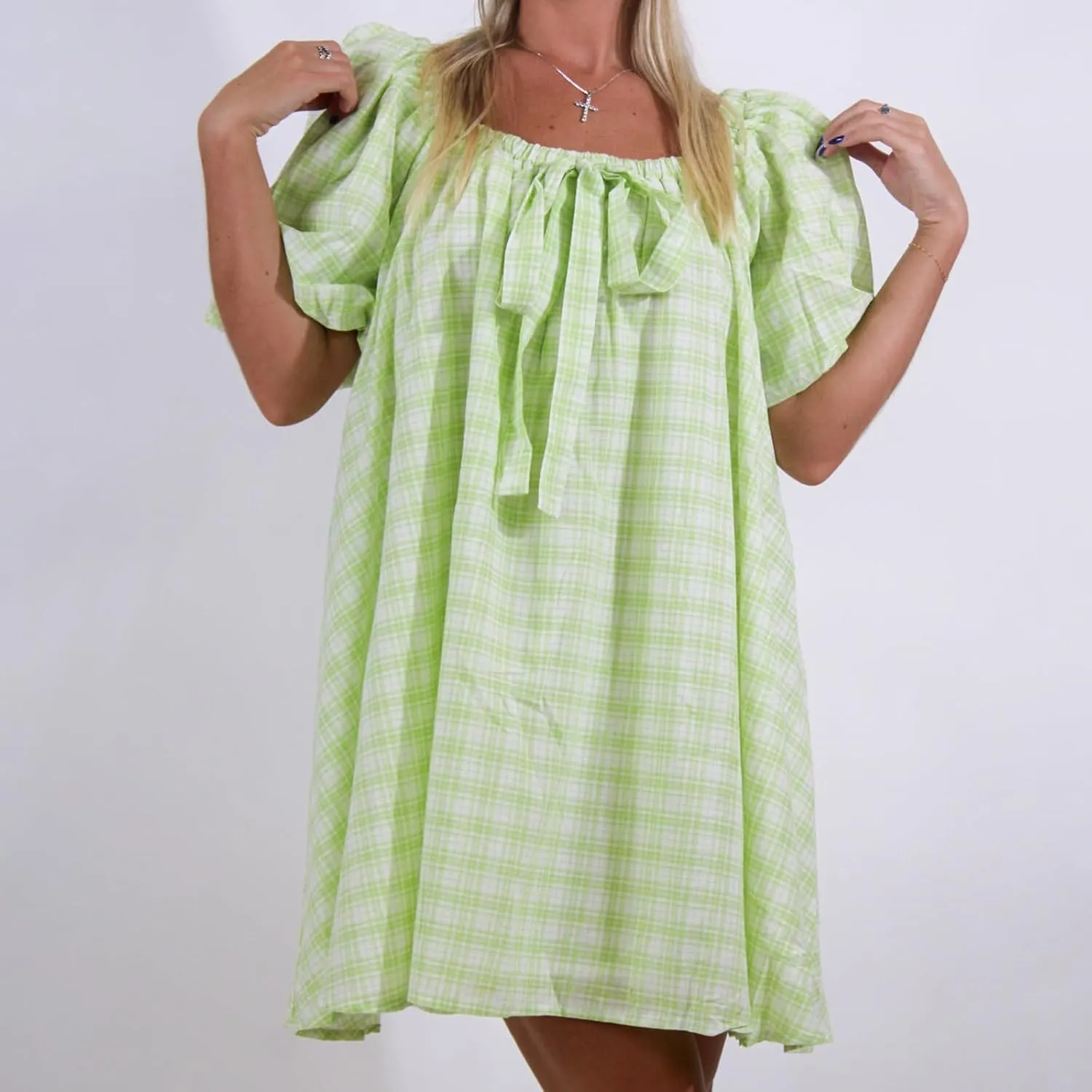 Y2k Women Gingham Puff Short Sleeve Mini Dress Ruffle Square Neck A Line Flowy Babydoll Short Dresses Summer