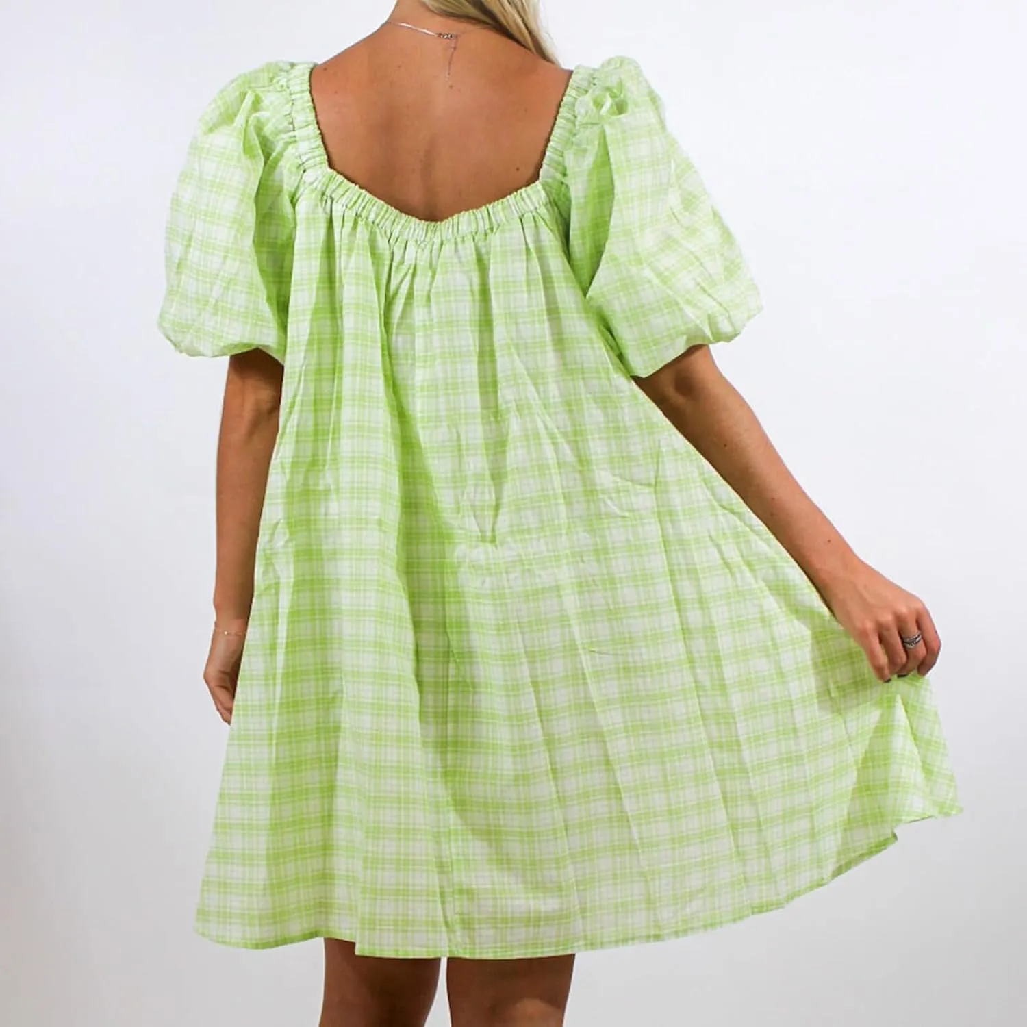 Y2k Women Gingham Puff Short Sleeve Mini Dress Ruffle Square Neck A Line Flowy Babydoll Short Dresses Summer