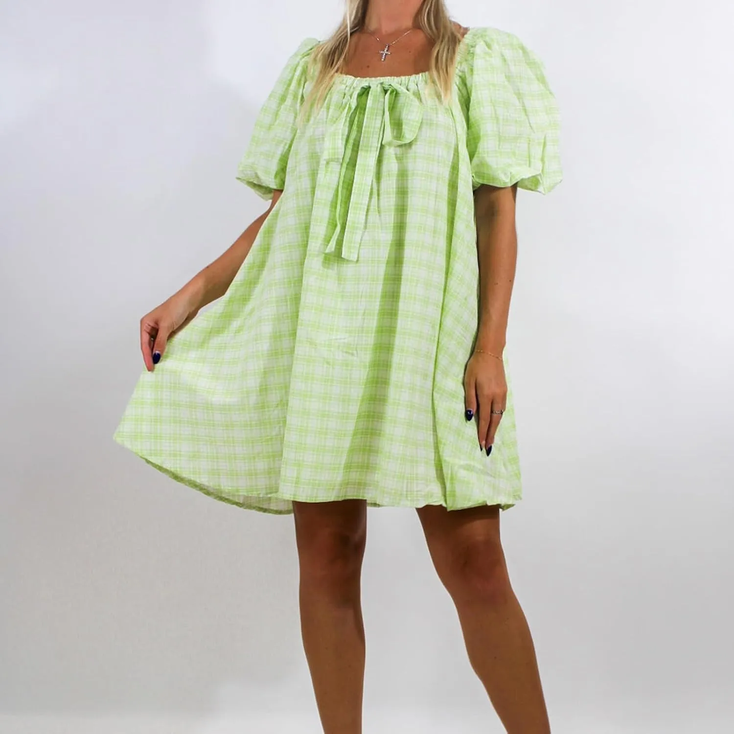 Y2k Women Gingham Puff Short Sleeve Mini Dress Ruffle Square Neck A Line Flowy Babydoll Short Dresses Summer