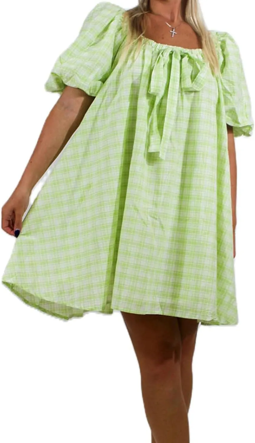 Y2k Women Gingham Puff Short Sleeve Mini Dress Ruffle Square Neck A Line Flowy Babydoll Short Dresses Summer