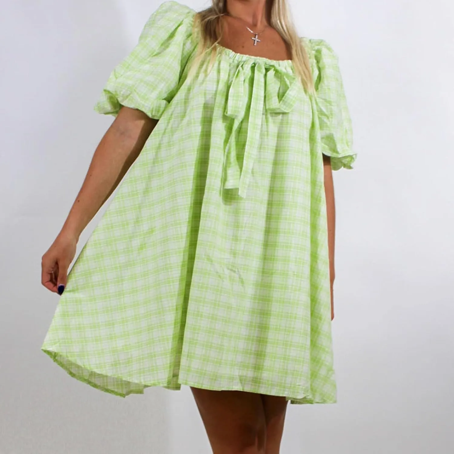 Y2k Women Gingham Puff Short Sleeve Mini Dress Ruffle Square Neck A Line Flowy Babydoll Short Dresses Summer