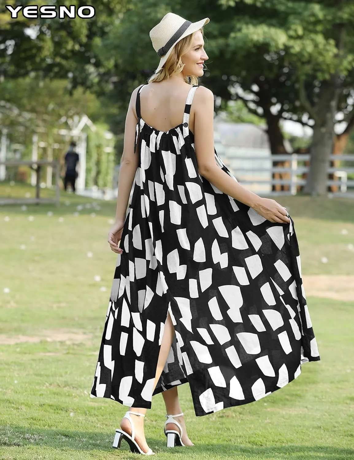 YESNO Maxi Dress for Women with Pockets Boho Summer Dress with Wide Adjustable Buttoned Strap E96