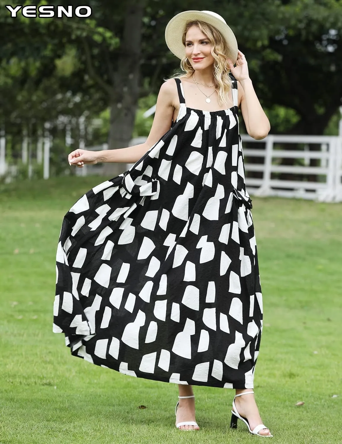 YESNO Maxi Dress for Women with Pockets Boho Summer Dress with Wide Adjustable Buttoned Strap E96