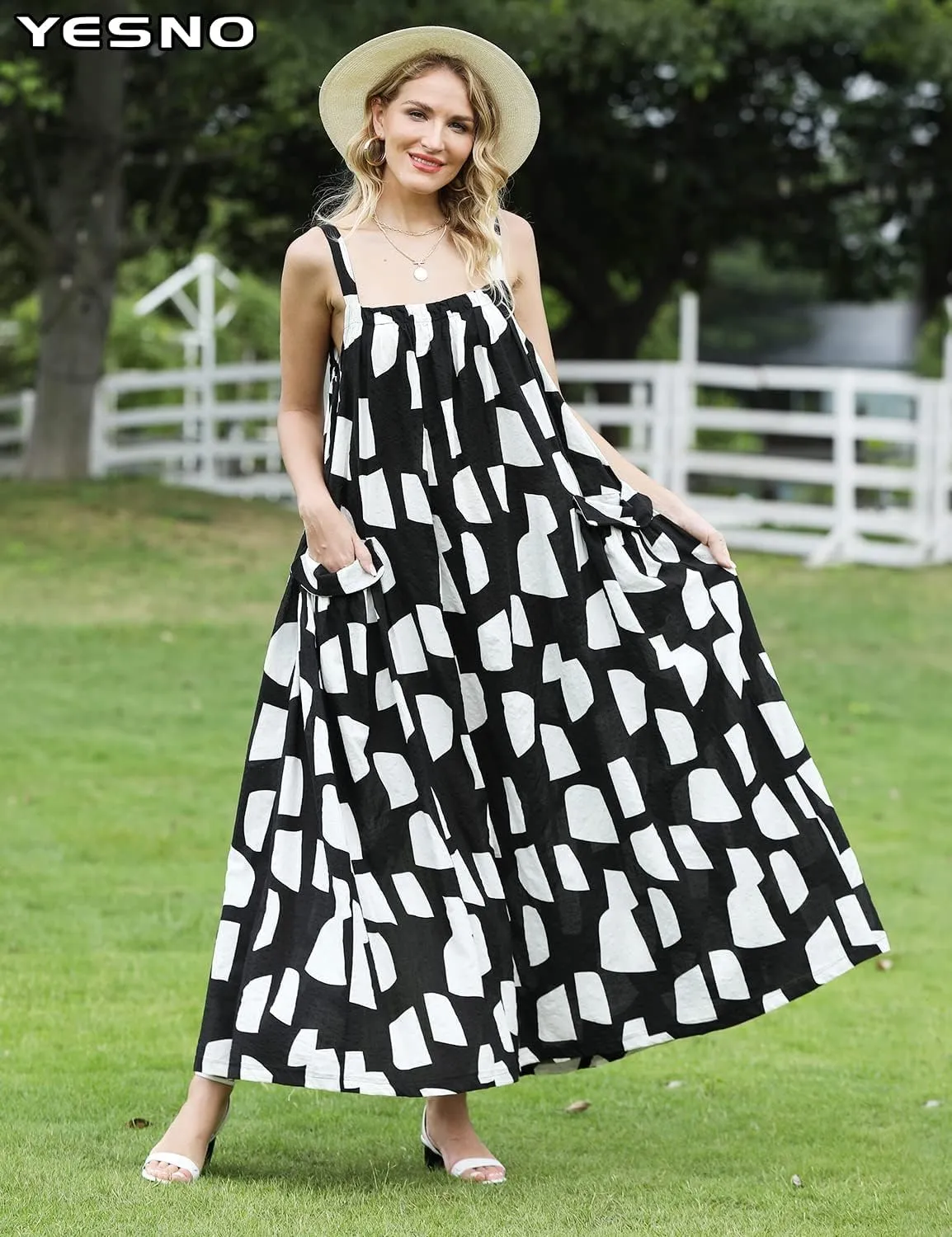 YESNO Maxi Dress for Women with Pockets Boho Summer Dress with Wide Adjustable Buttoned Strap E96