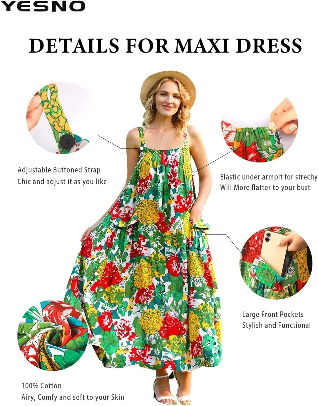 YESNO Maxi Dress for Women with Pockets Boho Summer Dress with Wide Adjustable Buttoned Strap E96