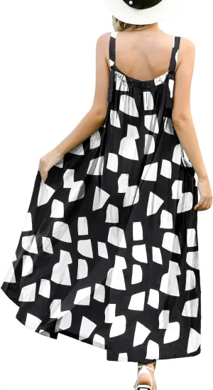 YESNO Maxi Dress for Women with Pockets Boho Summer Dress with Wide Adjustable Buttoned Strap E96