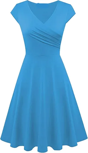 YMING Womens Vintage 50s Cocktail Dress V Neck Pleated Wrap Dresses A Line Swing Midi Dress Plus Size