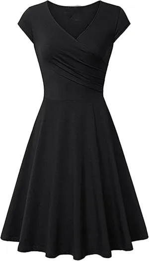 YMING Womens Vintage 50s Cocktail Dress V Neck Pleated Wrap Dresses A Line Swing Midi Dress Plus Size