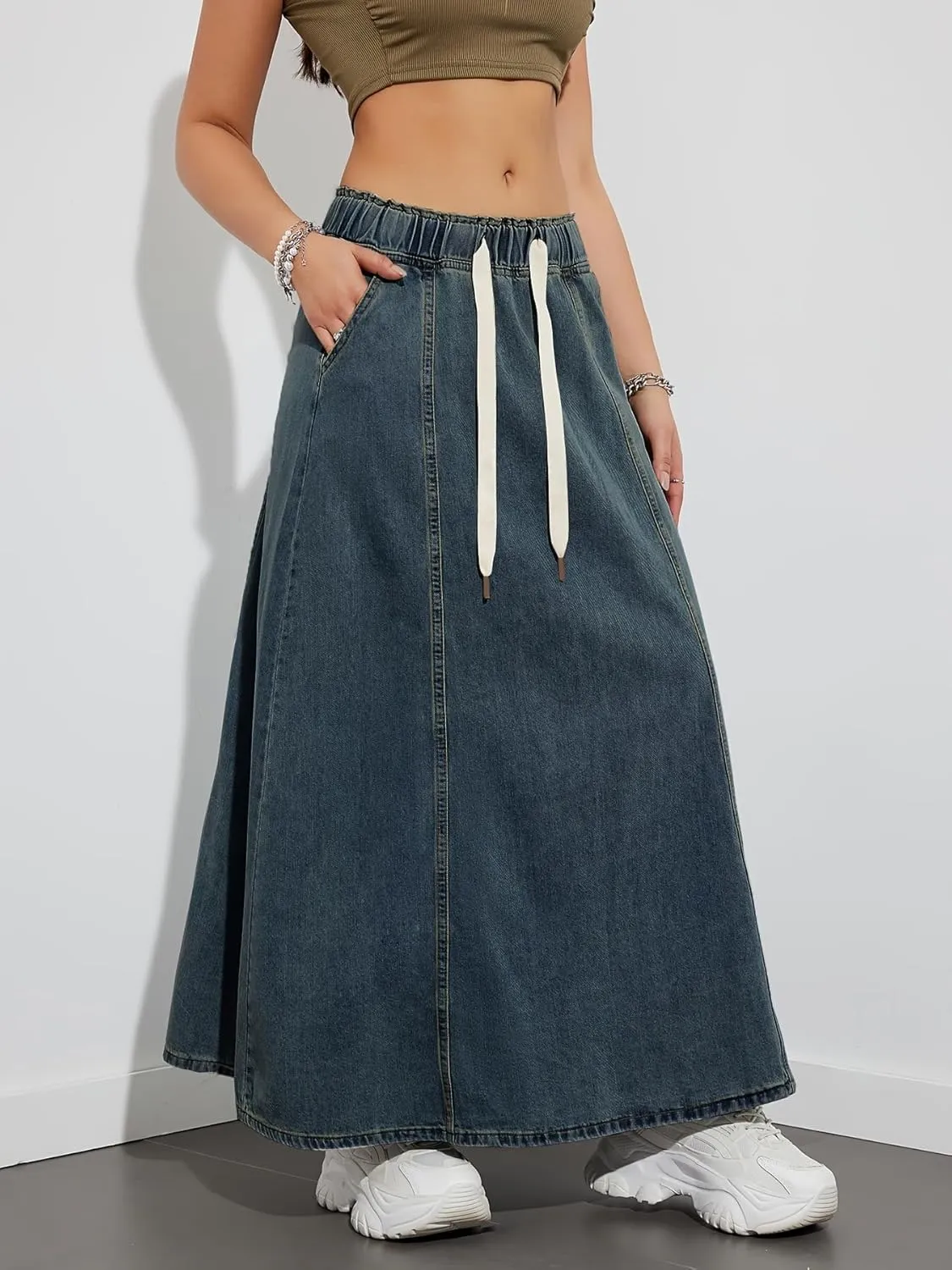 yoeasy Women's Drawstring Elastic High Waist Denim Skirt Casual Flowy Swing A-Line Long Maxi Flare Denim Skirt