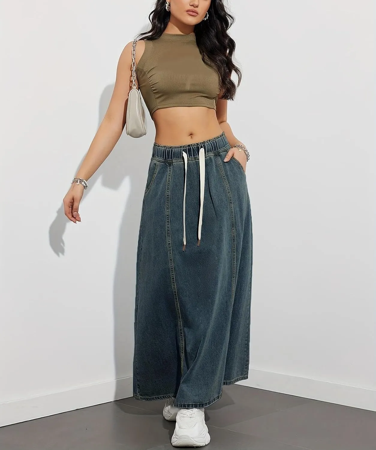 yoeasy Women's Drawstring Elastic High Waist Denim Skirt Casual Flowy Swing A-Line Long Maxi Flare Denim Skirt