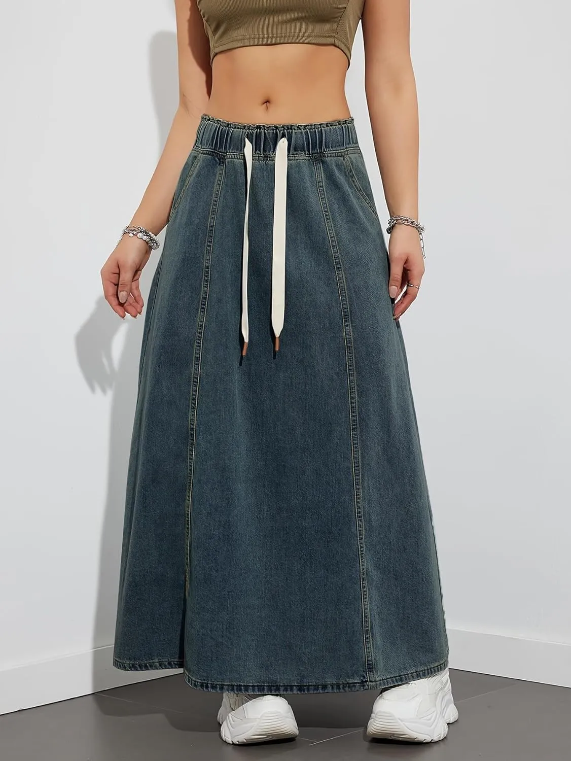yoeasy Women's Drawstring Elastic High Waist Denim Skirt Casual Flowy Swing A-Line Long Maxi Flare Denim Skirt