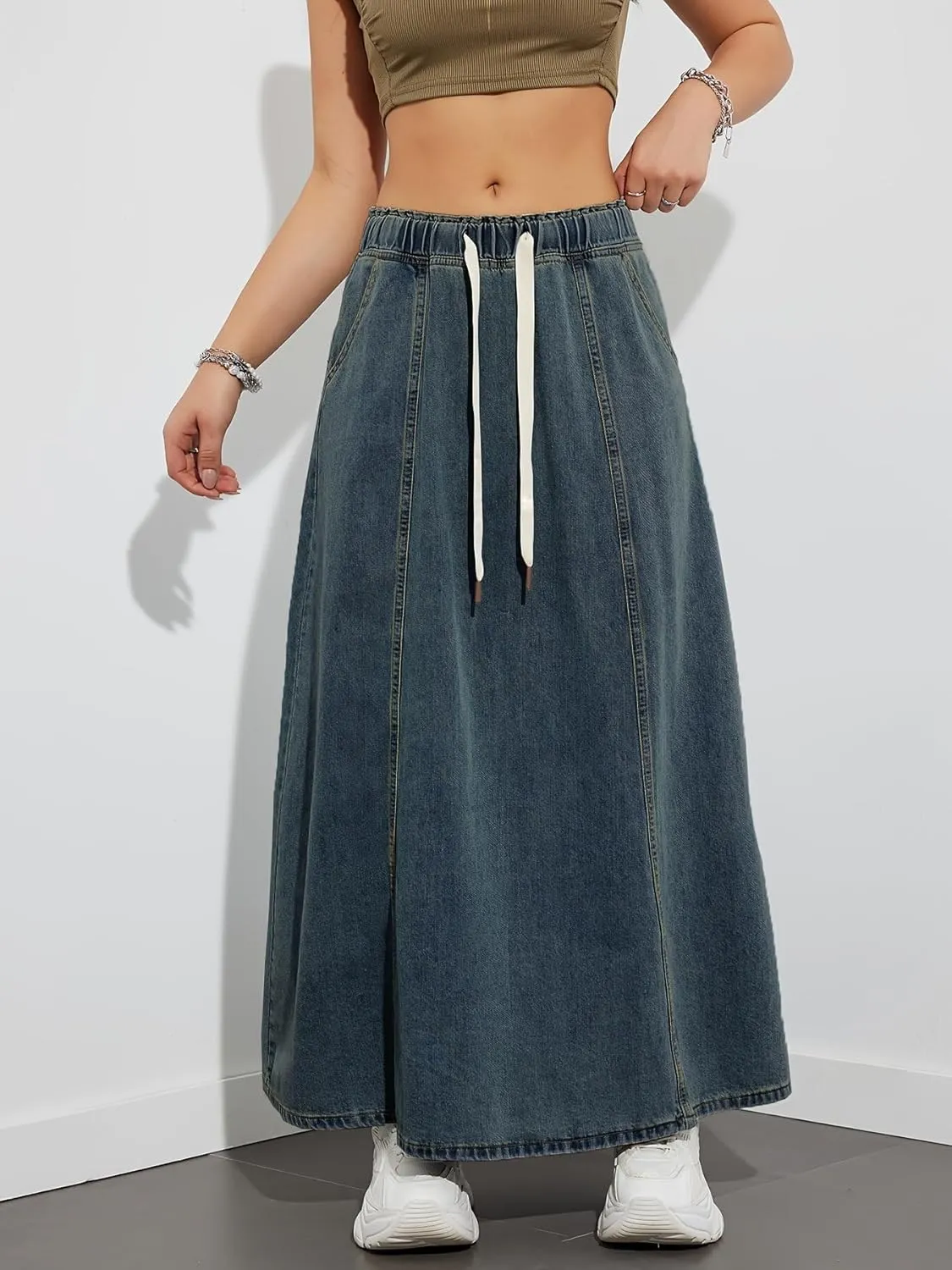 yoeasy Women's Drawstring Elastic High Waist Denim Skirt Casual Flowy Swing A-Line Long Maxi Flare Denim Skirt