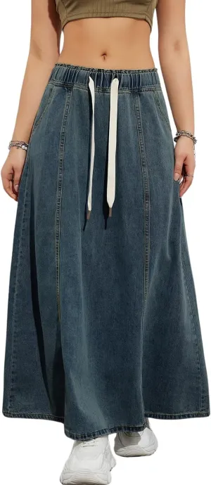 yoeasy Women's Drawstring Elastic High Waist Denim Skirt Casual Flowy Swing A-Line Long Maxi Flare Denim Skirt