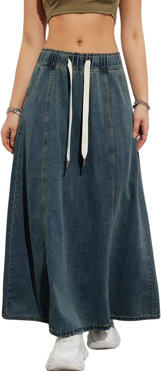 yoeasy Women's Drawstring Elastic High Waist Denim Skirt Casual Flowy Swing A-Line Long Maxi Flare Denim Skirt