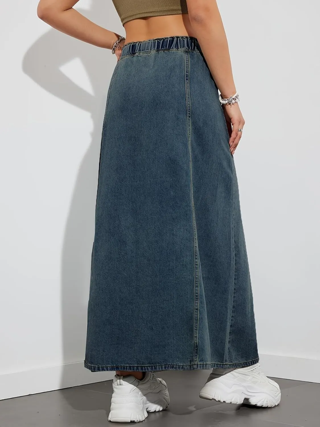 yoeasy Women's Drawstring Elastic High Waist Denim Skirt Casual Flowy Swing A-Line Long Maxi Flare Denim Skirt