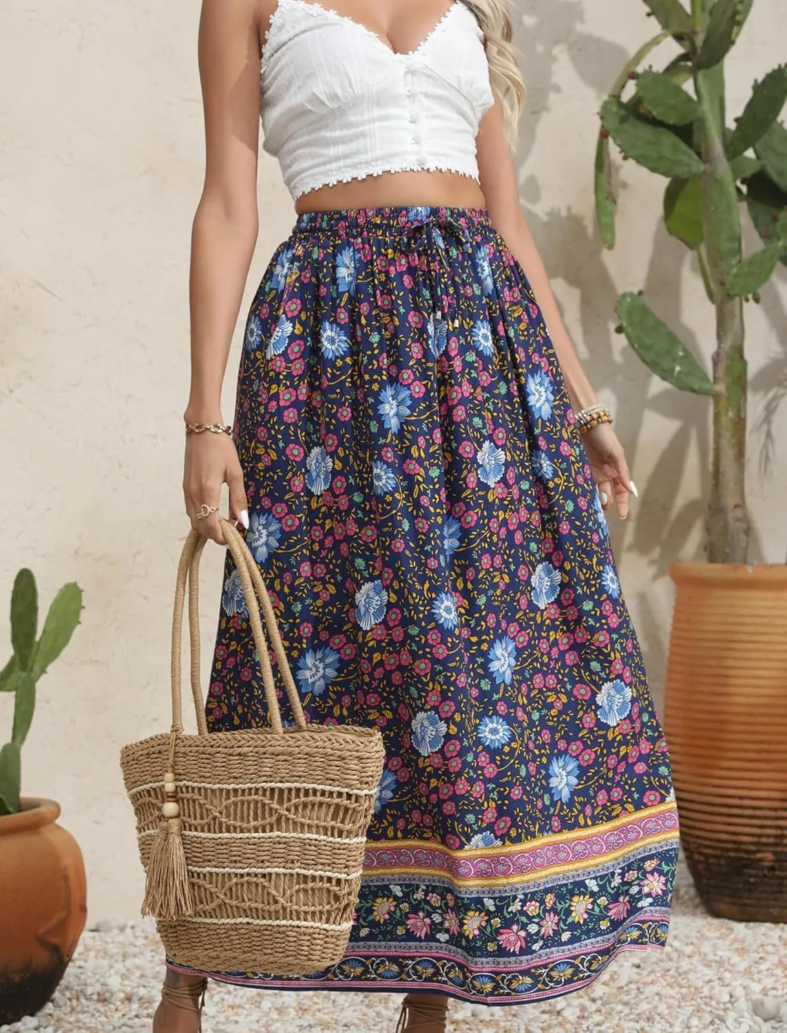 Zeagoo Women's 2025 Boho Floral Skirt Casual Elastic High Waist Maxi Skirts Flowy A Line Beach Long Skirt with Side Pockets