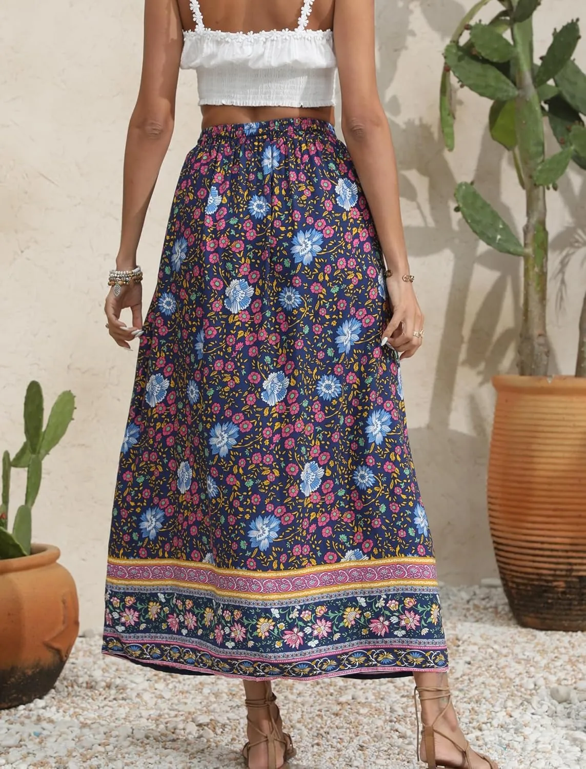 Zeagoo Women's 2025 Boho Floral Skirt Casual Elastic High Waist Maxi Skirts Flowy A Line Beach Long Skirt with Side Pockets