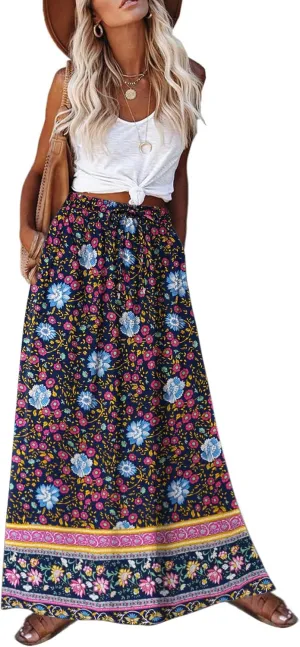 Zeagoo Women's 2025 Boho Floral Skirt Casual Elastic High Waist Maxi Skirts Flowy A Line Beach Long Skirt with Side Pockets