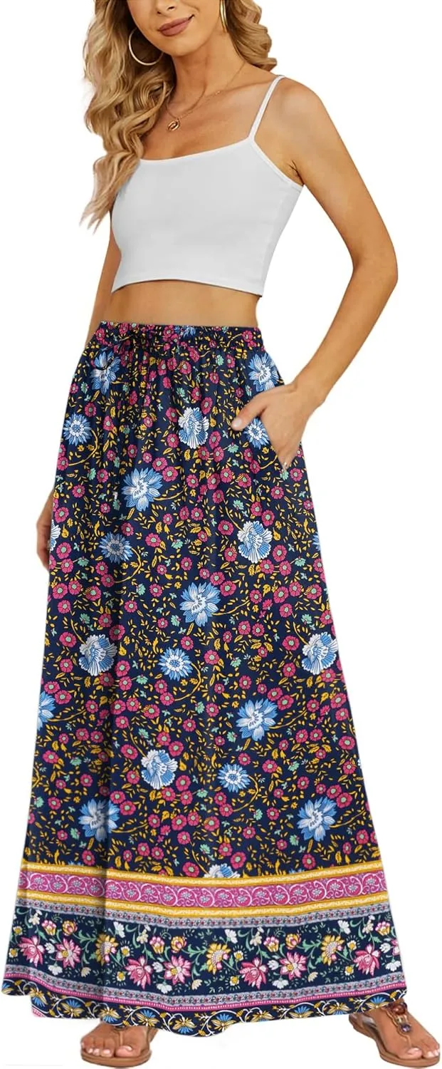 Zeagoo Women's 2025 Boho Floral Skirt Casual Elastic High Waist Maxi Skirts Flowy A Line Beach Long Skirt with Side Pockets