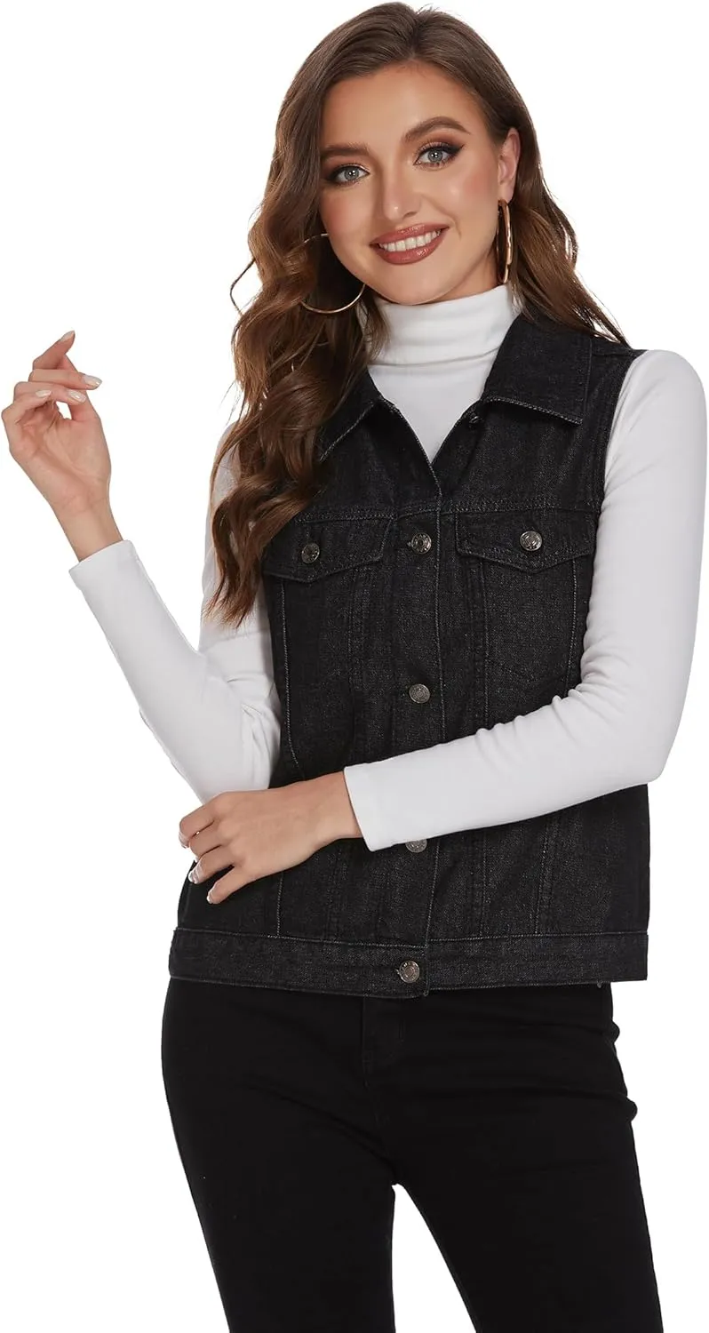 Zeagoo Women's Denim Vest Jean Vest Casual Sleeveless Jacket With Flap Pockets