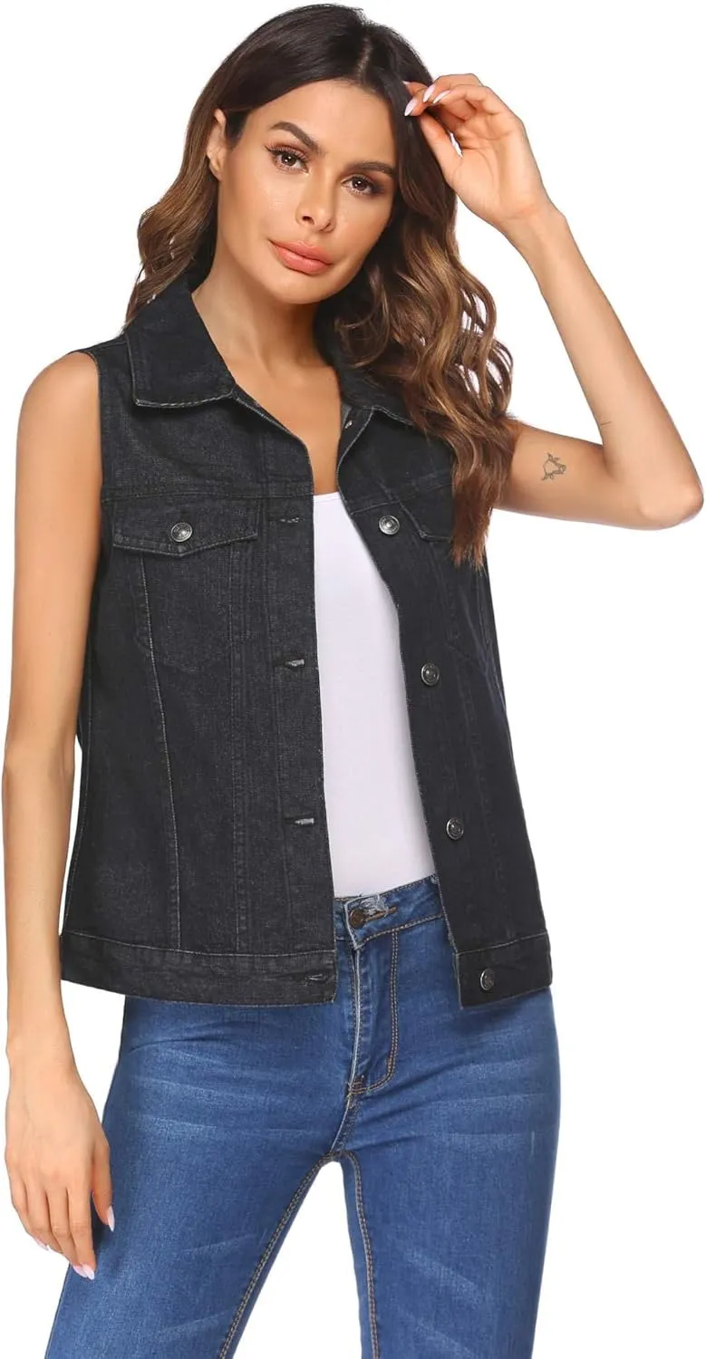 Zeagoo Women's Denim Vest Jean Vest Casual Sleeveless Jacket With Flap Pockets