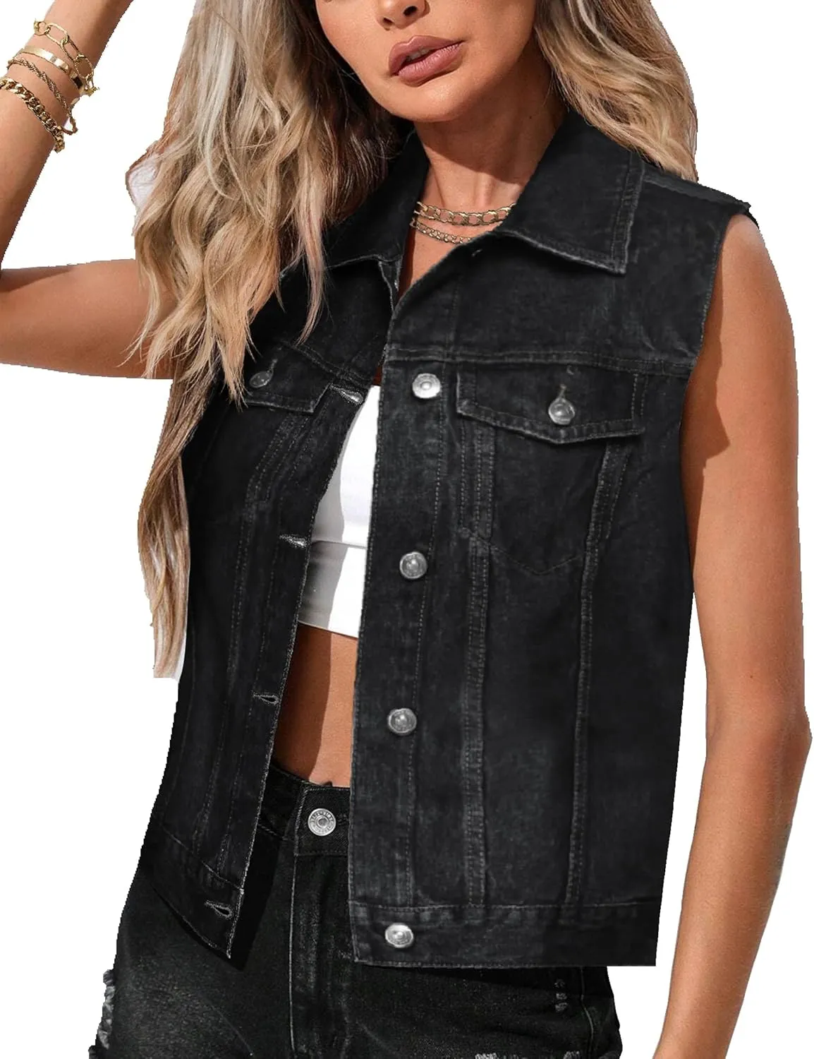 Zeagoo Women's Denim Vest Jean Vest Casual Sleeveless Jacket With Flap Pockets