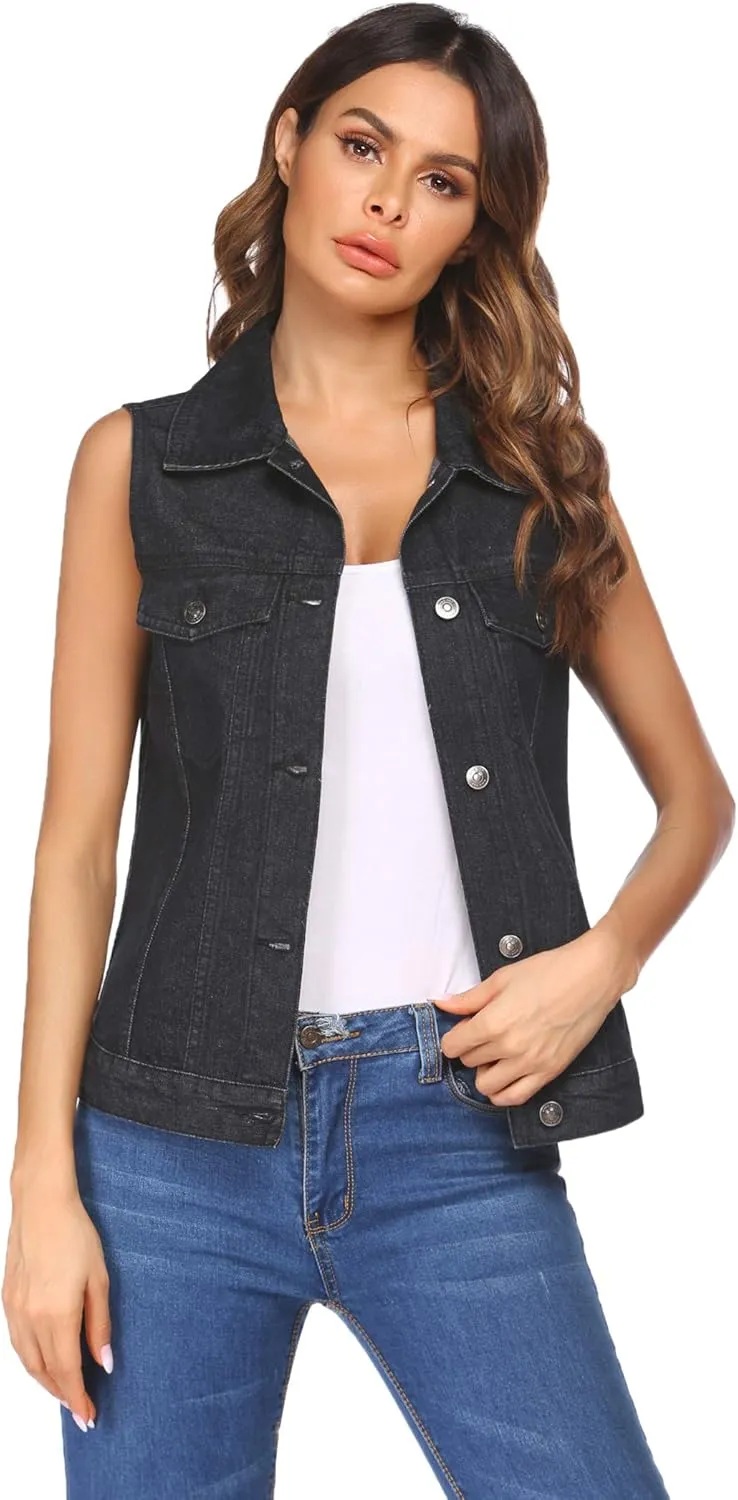 Zeagoo Women's Denim Vest Jean Vest Casual Sleeveless Jacket With Flap Pockets
