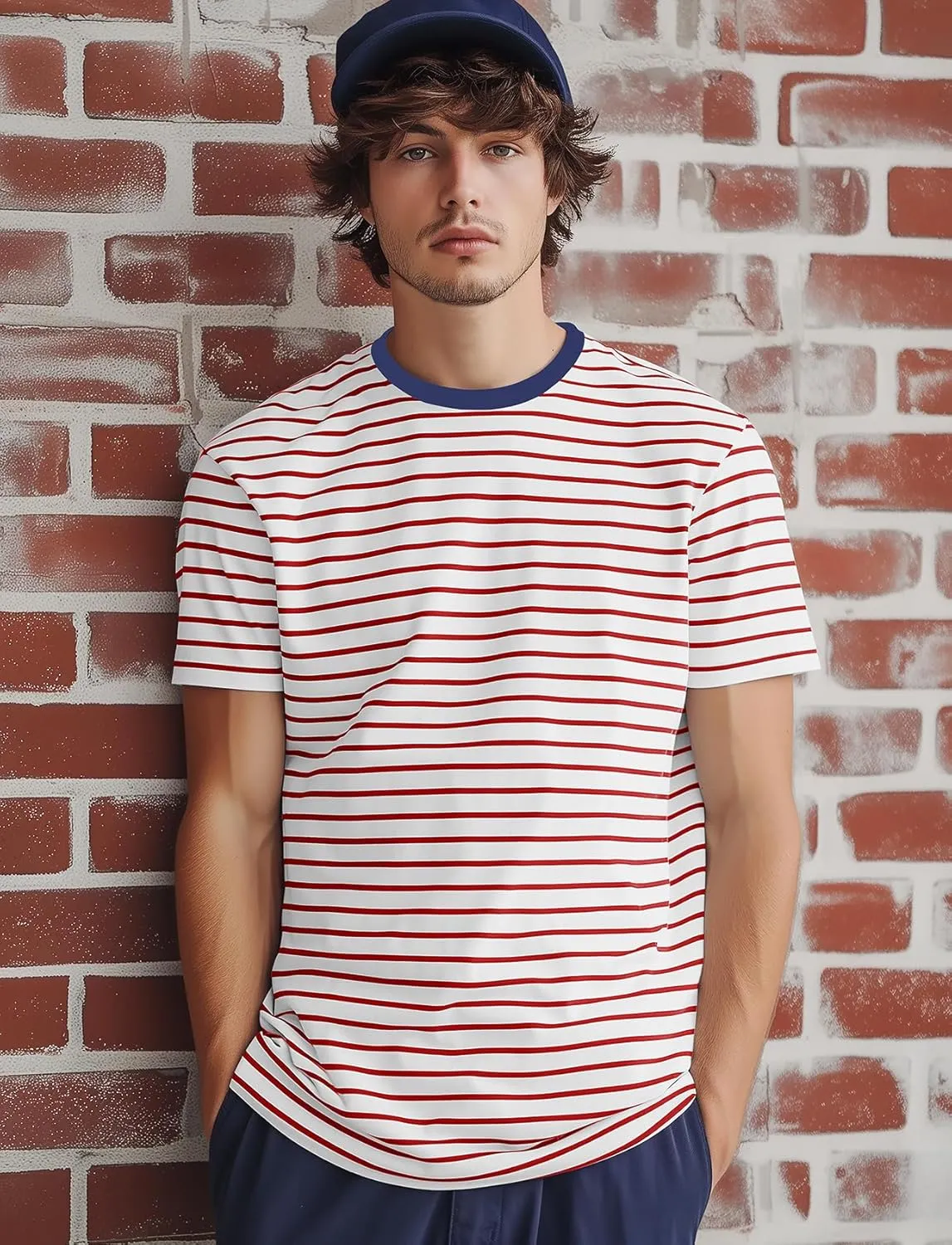 Zengjo Mens Striped T Shirt Short/Long Sleeve Crewneck Tee